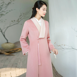 中国风冬季双面呢大衣粉色中式汉服旗袍禅茶服加厚高端羊绒外套女