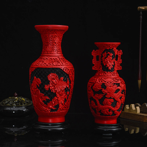 12寸扬州雕漆中国红漆器摆件装饰花瓶古典进宅商务民间特色礼品