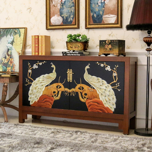 现代新中式餐边柜胡桃木手绘孔雀美式复古茶水柜桌客厅入户玄关柜