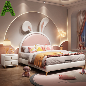 美式儿童房公主床女孩卡通可爱兔软包床头板榻榻米床靠背实木床屏