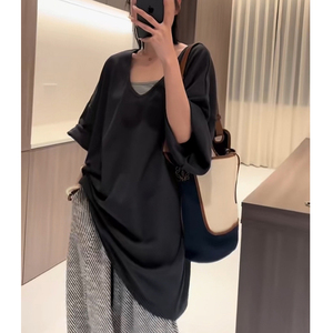 韩版东大门大板型宽松显瘦中长款T恤慵懒风高级感深灰色上衣女夏