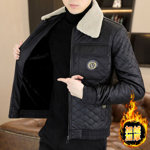 冬季男士加绒皮衣韩版潮流修身带毛领PU皮夹克加厚保暖皮棉袄外套