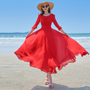 2024新款连衣裙夏天红色雪纺气质收腰显瘦高端大摆沙滩裙海边度假