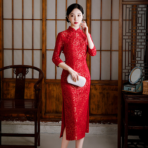 红色旗袍礼服妈妈长款