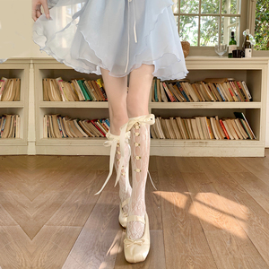 洛丽塔丝带蝴蝶结蕾丝袜夏季薄款复古花朵小腿网袜配小皮鞋的袜子
