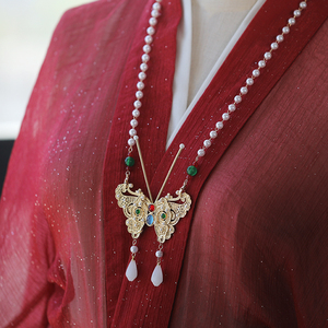 汉服配饰璎珞项圈古风项链触须蝴蝶吊坠珍珠链明制颈饰长款毛衣链