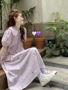 女大童蕾丝很仙的连衣裙紫色夏季2024新款初中学生过膝打底长裙子