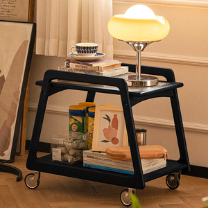 复古黑色创意实木推车沙发旁收纳床头零食置物架可移动边几茶桌柜