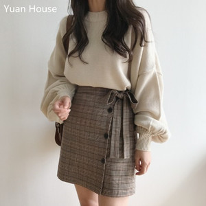 秋冬季两件套女韩国chic慵懒风针织套头毛衣+复古格子半身裙套装