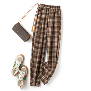 韩国秋冬季加绒加厚格子裤女哈伦裤萝卜裤子宽松时尚休闲工装长裤