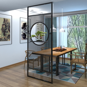 新中式入户玄关铁艺隔断茶室禅意金属装饰屏风轻奢不锈钢镂空栅栏