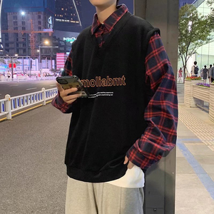 假两件格子衬衫男痞帅高级感卫衣拼接日系叠穿oversize情侣外套秋