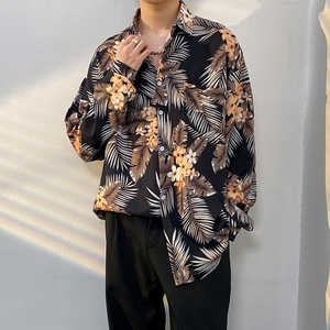 发型师东南亚风格衬衫男设计感冰丝雪纺长袖巴洛克夏威夷花衬衣秋