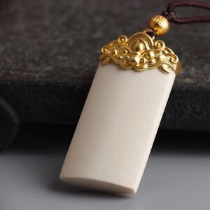 天然猛犸象牙平安无事牌镀金吊坠麒麟复古瑞兽古项坠项链男女款