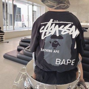 日本潮牌BAPE童装夏季新款猿人头男女中大童纯棉字母印花短袖T恤