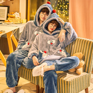 情侣睡衣女秋冬季珊瑚绒加厚可爱叮当猫连帽双面长毛绒男家居套装