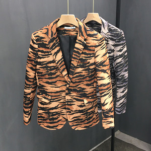 秋冬厚西服男潮流帅气青年流行虎皮纹小西装韩版修身夜店酒吧外套