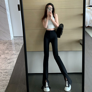 高腰紧身显瘦休闲西装裤女复古弹力个性开叉喇叭拖地长裤洋气ins
