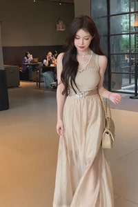 韩女气质浅金针织挖空心机上衣+定染浅金色长裙高级感裙子两件套