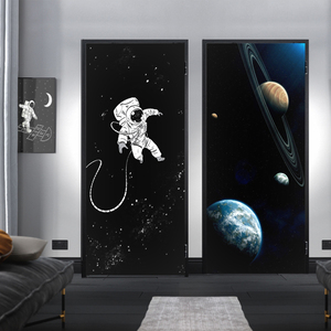 简约现代梦幻星球宇航员星空门贴纸整张自粘防水玻璃移门谷仓门贴