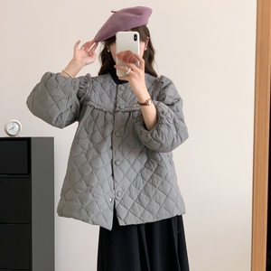 2023冬季新款韩国原版菱格泡泡袖羽绒服女圆领流苏设计感轻薄外套