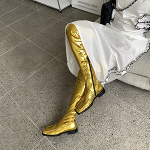 阿宝家 mona同款高筒漆皮金色过膝长靴女秋冬新款时装显瘦弹力靴