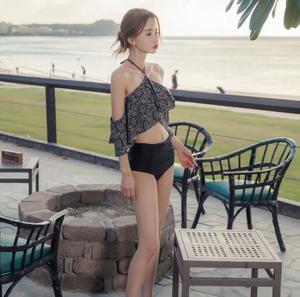 韩国新款荷叶边高腰分体比基尼少女学生可爱遮肚沙滩温泉泳衣度假