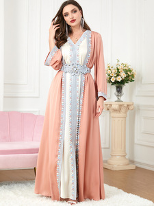 新款中东时尚女装阿拉伯服饰开叉V字领礼服长袖欧美两件式洋装