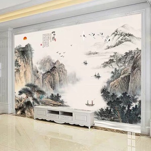 中式电视背景墙壁纸客厅装饰影视墙墙布山水情卧室壁画8d水墨墙纸