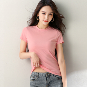 浅粉色短袖t恤女韩版修身小高领纯色棉质上衣2021夏装圆领半袖衫