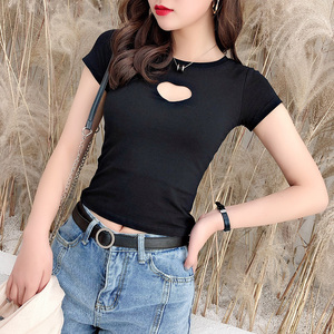短袖纯棉t恤女镂空圆领性感超短款chic套头修身显瘦打底衫上衣女