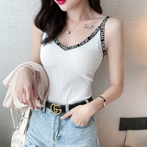 字母吊带背心女欧美英文短款小心机针内搭外穿织修身小吊带上衣女