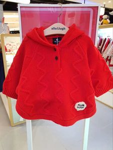 2022秋冬女童毛衣外套开衫斗篷披肩针织韩版纯棉洋气红色毛线外套