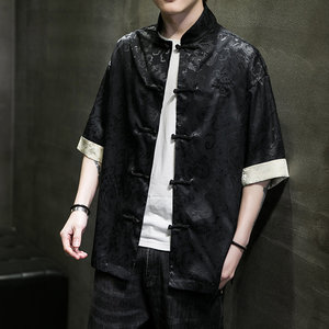 冰丝衬衫男短袖夏季薄外套中国风复古唐装改良汉服新中式半袖衬衣