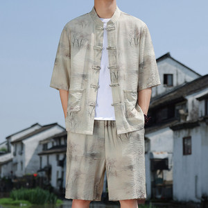 冰丝唐装男夏季薄款凉感新中式短袖衬衫中国风套装汉服搭配两件套