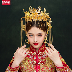 新娘古装头饰凤冠2020新款中式婚礼结婚流苏面帘大气秀禾金色皇冠