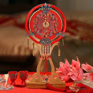 中式喜扇秀禾汉服明制团扇新娘结婚礼扇子简约红色古风成品婚庆