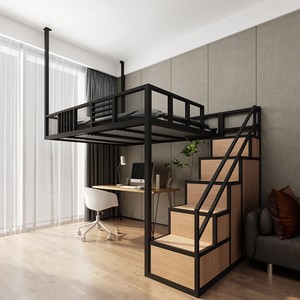 北欧小户型铁艺床阁楼式床复式二楼床省空间多功能衣柜梯高架床