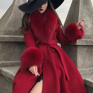 冬季时尚毛呢子新年红色大衣显瘦宽松气质收腰大毛领中长款外套女