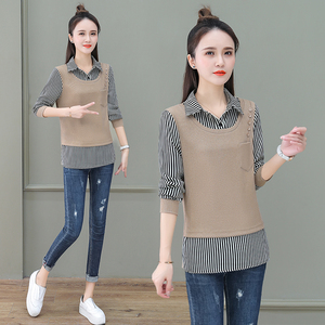 衬衫女春装2021年新款百搭欧洲站欧货条纹假两件套加背心上衣小衫