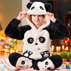 儿童睡衣冬季加厚款男童法兰绒套装卡通熊猫宝宝珊瑚绒秋冬家居服