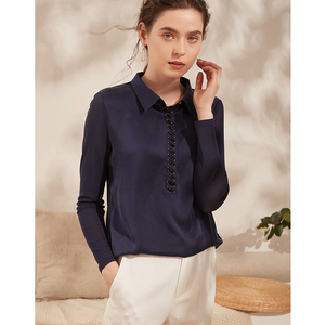 真丝衬衫女长袖蓝色职业缎面丝绒复古港味桑蚕丝时尚洋气绸缎衬衣