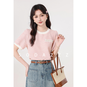 张汽水2024夏季新款韩系粉色圆领短袖T恤小众设计感宽松上衣女装