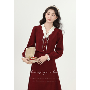 张汽水《朗姆红茶》秋冬季新款女法式红色气质显瘦假两件连衣裙子