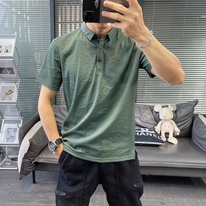 2024夏季新款天丝棉麻短袖t恤男polo纯色速干绿色亚麻有领修身潮