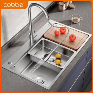 卡贝水槽大单槽304不锈钢加厚侧排水洗菜盆厨房洗碗洗菜池台下盆