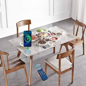 亮光北欧白蜡木岩板餐桌椅组合商家用无线充电磁炉饭桌长方形岛台