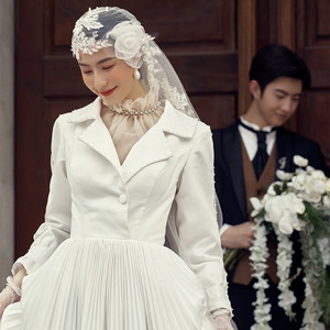 复古民国风蕾丝包头帽纱头纱中长款新娘婚纱照搭配手工花朵头饰品