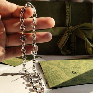 正品代购gucci古驰古奇纯银925互扣式双g做旧项链男款螺纹链银色