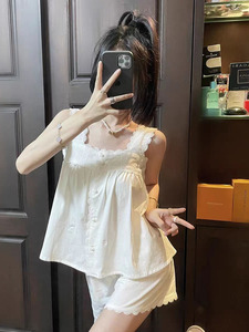 夏季新款法式浪漫宫廷风睡裙白色纯棉麻吊带背心睡衣女家居服套装